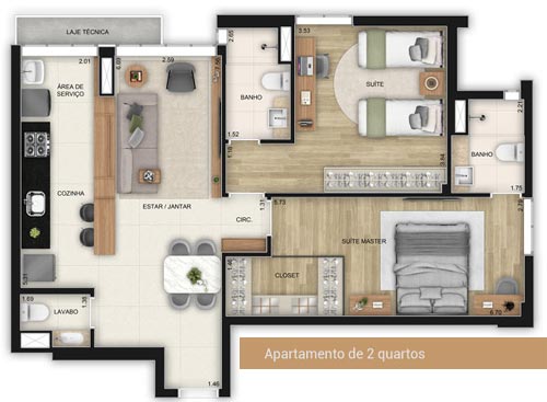 apartamento na planta com duas suites