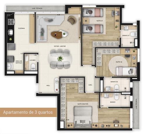 apartamento na planta com 3 suites
