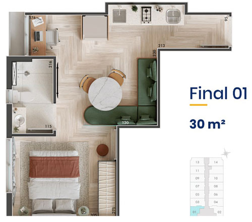 apartamento na planta de 1 quarto